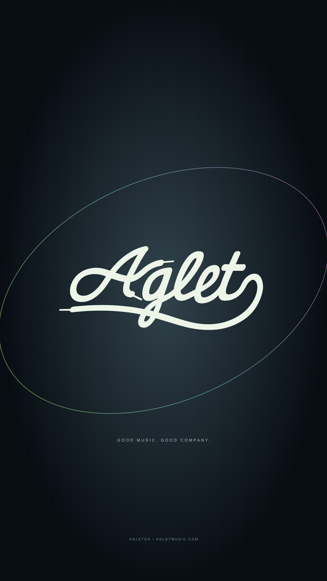 Aglet phone wallpaper: the signature over a dark grid and iridescent orbit
